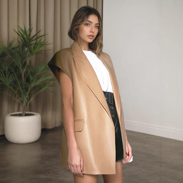 Collar Leather High Grade Sleeveless Lace up Waist Double Pocket Velvet Vest Jacket Coat