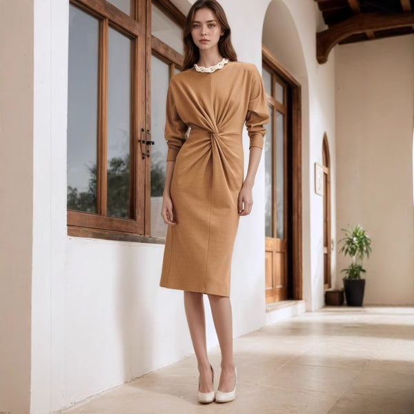 Retro Crew Neck Long Sleeve Kinked Design Slim Fitting Mid Length Knitted Dress