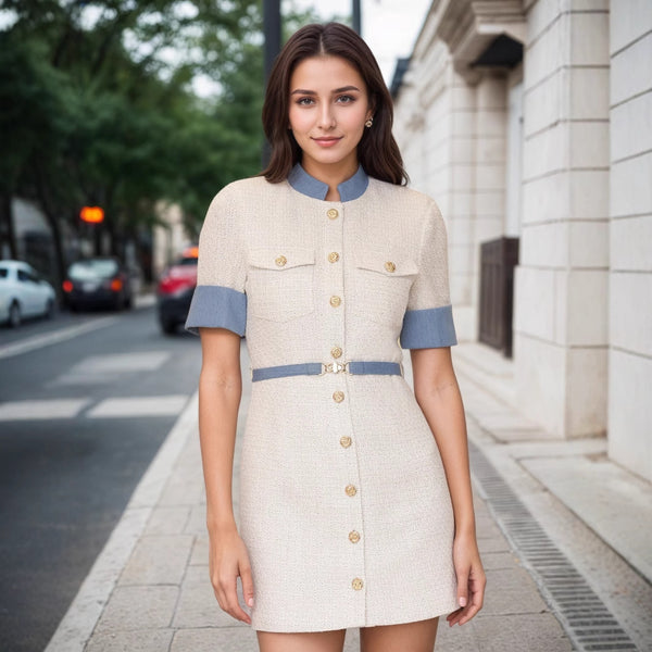 Elegant Creamy white Colorblock Neckline Cuff Golden Button Dot with Belt Decoration Women Dress