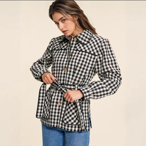 Women Wear Plaid Button Long Sleeve Peter Pan Collar Lace up All Match Slim Fit Cardigan Coat
