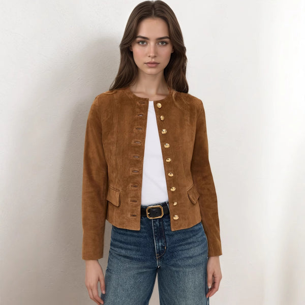 Classic Metal Single Breasted Short All Match Suede Air Layer Jacket Short Coat Autumn