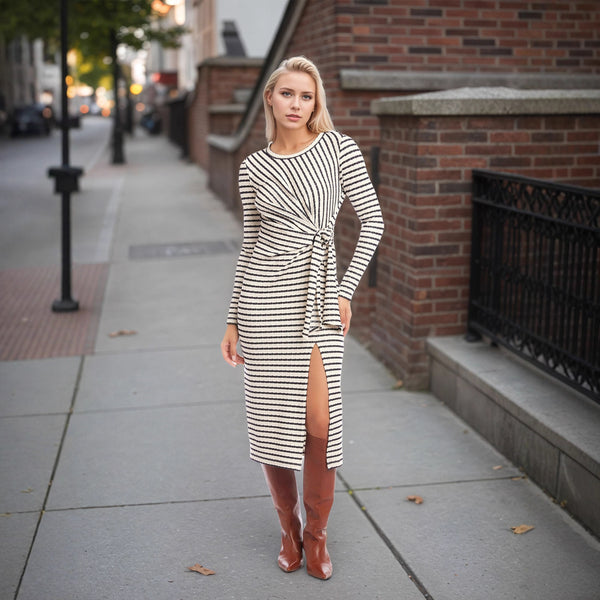 Striped Waist Twist Waist Controlled Slim Fit Slimming Split round Neck Dress