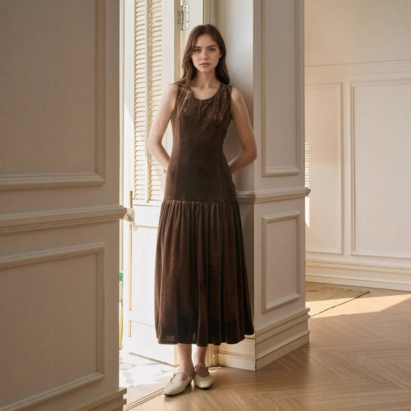 Fashionable Elegant Women Clothing Autumn Solid Color Pleated Sleeveless Slimming Velvet Dress