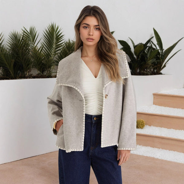 Autumn Winter Women Elegant Warm Big Collared Long Sleeve Short Contrast Color Loose Design Cardigan Coat