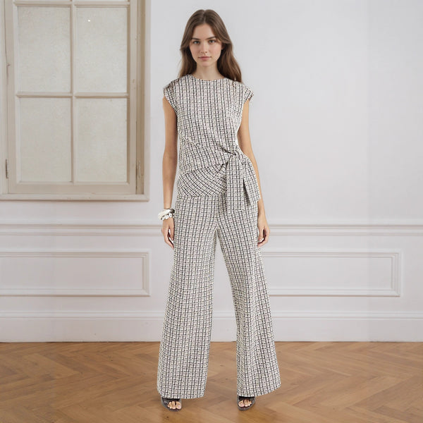 Fall Sleeveless Lace up Waist Knot Slimming Plaid High Waist Wide Leg Pants Two Piece Set