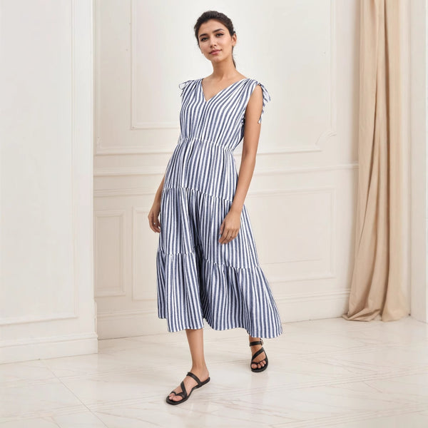High Grade Striped Sleeveless Dress Summer Office Cinched Slimming Maxi Dress Bohemian V neck Dress