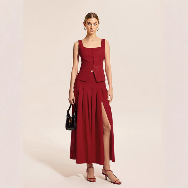 Summer 3D Cutting Cinched Sleeveless Vest Skirt Big Umbrella Swing Dress with Vents Office Casual Two Piece Sets