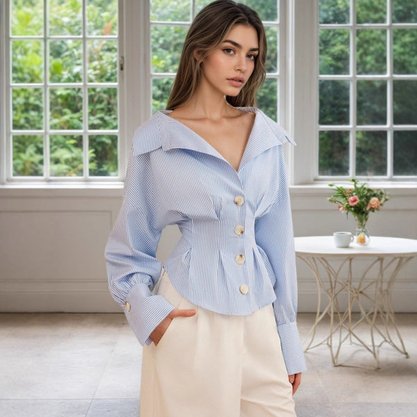 Elegant Shirt Elegant Collared Puff Sleeve Pleated Waist Tight All Match Striped Long Sleeved Top