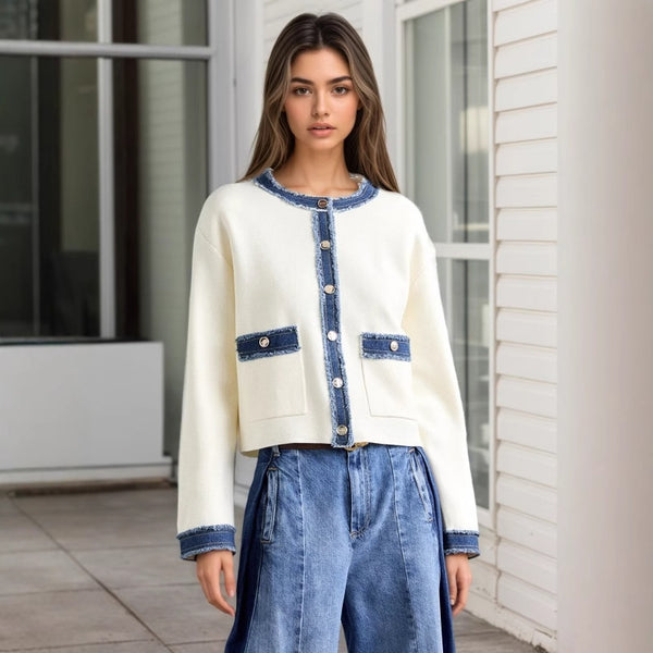 French Elegant Autumn Furry Denim Color Contrasting Stripe O neck Short Coat