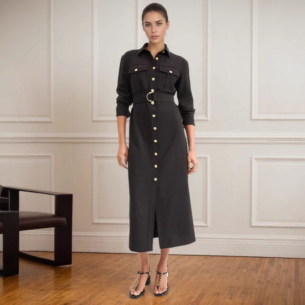 Single Row Metal Buckle Exquisite Embellishment with Cargo Pocket Belt Slimming Design Shirt Dress