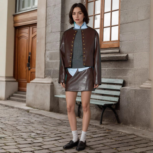 Short Leather Coat Dark Brown Texture Exquisite Golden Button Arrangement Decorative Coat