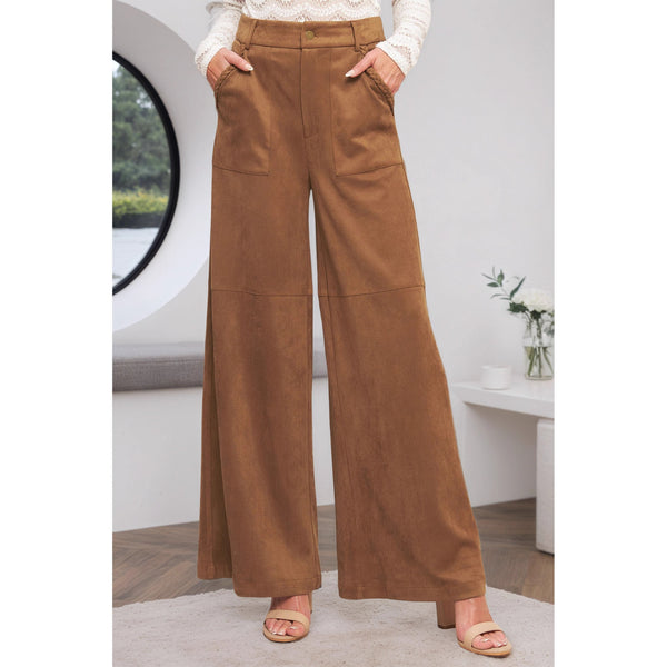 Autumn Winter Suede Outer Single Women Pants High Waist Double Pocket Design Casual Straight Leg Wide Leg Pants