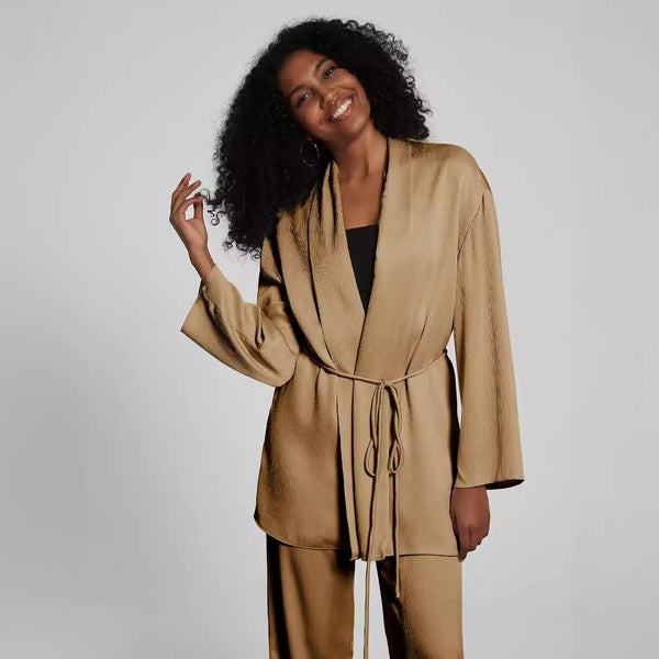 Women Clothing Two Piece Sets Collared Tied Tight Waist Pleated Coat Top Loose Trousers Autumn