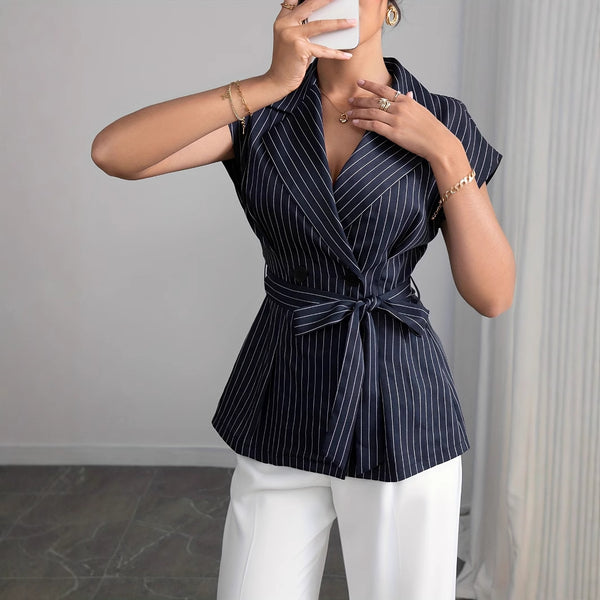 Elegant Collared Cardigan Short Sleeve Blazer Double Row Button Lace up Waist Controlled Design Shirt Women