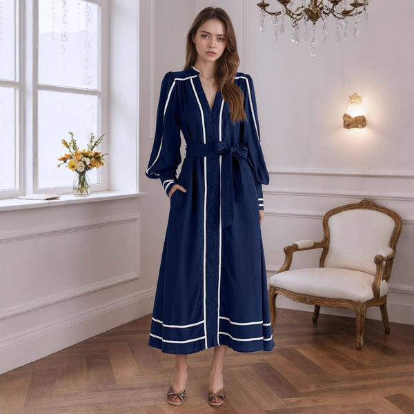 Retro V neck Light Self Tie Dress White Striped Design Retro to Create Dream