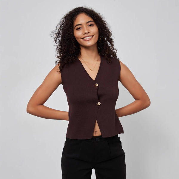 Women Clothing Slim Fit Slimming Slit Design V neck Two Button Knitted Vest Jacket Top