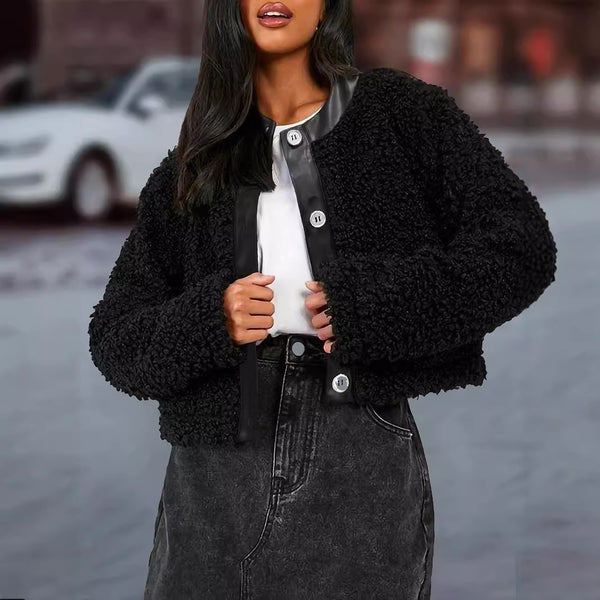 Casual Office All Matching Faux Fur Stitching Leather Jacket Women Autumn Winter round Neck Short Long Sleeved Coat Women Clothing