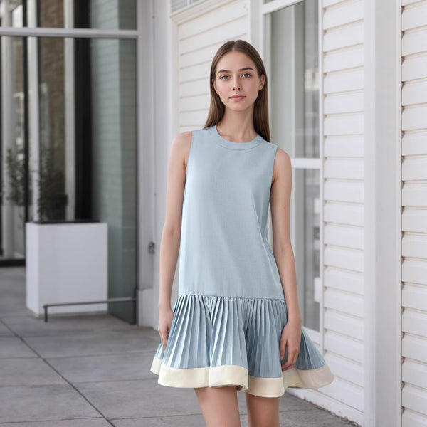 Light Blue round Neck Vest Design with Pleated Skirt Hem Dual Color Patchwork Sleeveless Dress