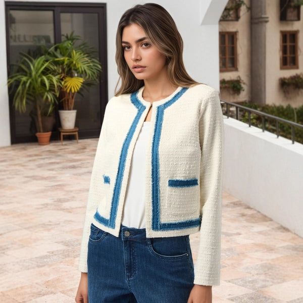 Western Classy Coat Women Autumn Crew Neck Retro Raw Edges Design Short Coat