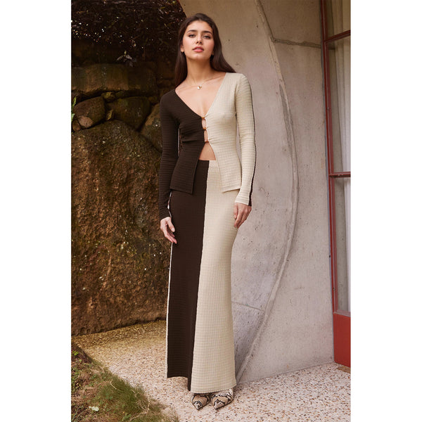 Women Wear Autumn Winter Office Color Matching Button High Waist Top Same Color Skirt Set