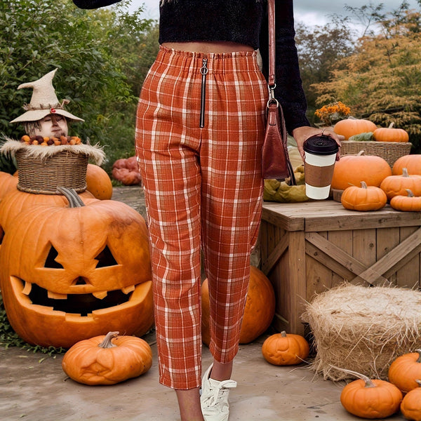 Halloween Women Plaid Printed Oblique Pocket Straight Leg Pants round Zipper Decorations Casual Cropped Pants