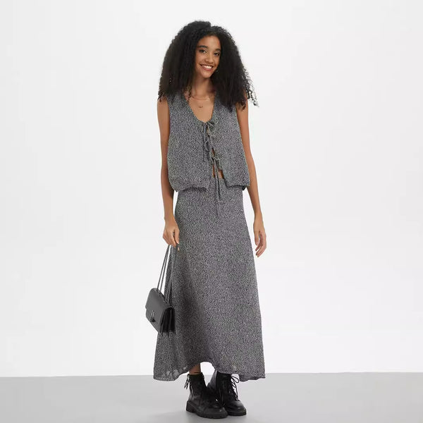 Women Clothing Two Piece Sets V neck Lace up Organization Vest High Waist A line Skirt