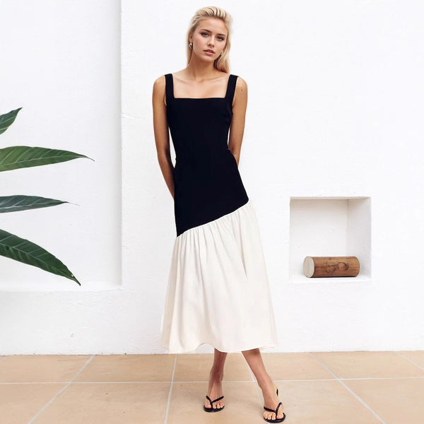Elegant Socialite Color Matching Dress French Office Sleeveless off Neck Spring Summer Black White Contrast Color Dress