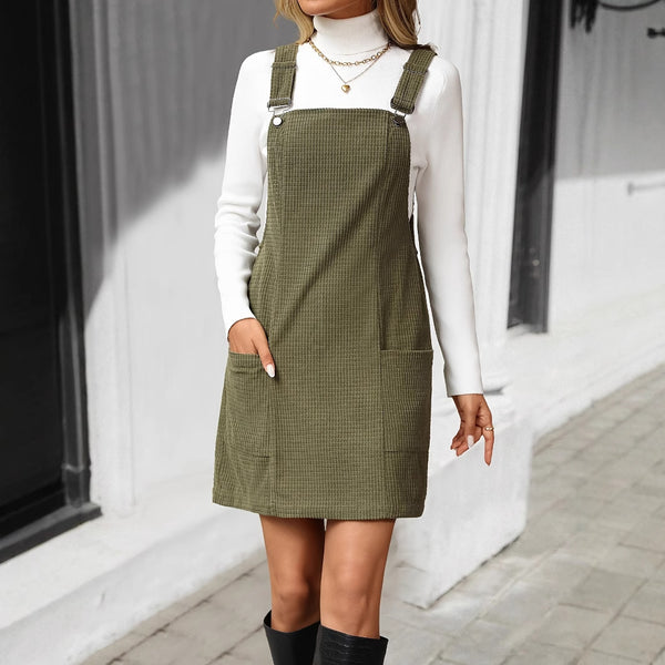 Individual Casual Dress Texture Fabric Autumn Winter Adjustable Shoulder Strap Pocket Short Suspender Skirt