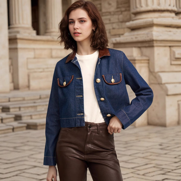 Button Embellishment with Leather Patchwork Collar Pocket Details Design Elegant Imitation Denim Jacket