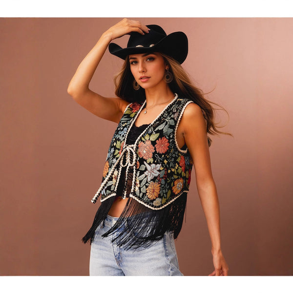 Floral Embroidery with Woven Bandage Lace up Design Fringed Hem Sleeveless Vest