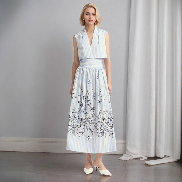Elegant Women Clothing Fashionable Elegant Blue White Striped V neck with Printed Charming Dress