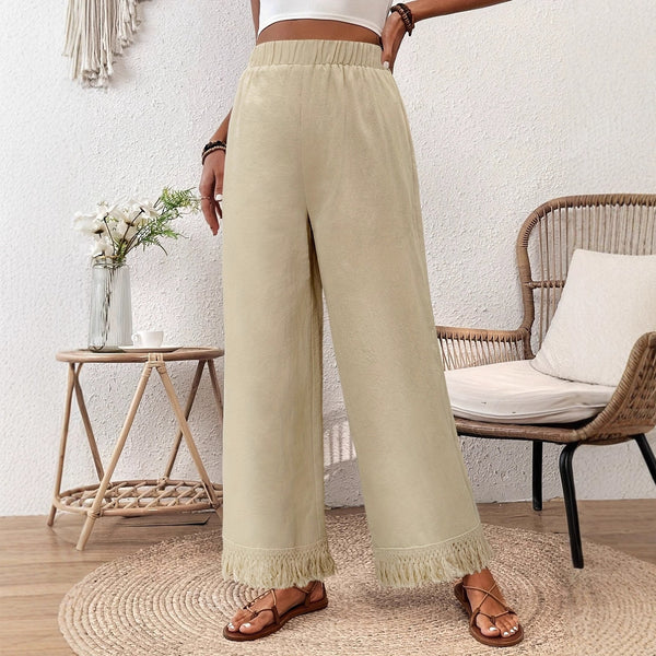 Fall Women Clothing Beach Casual Pants Foot Tassel Double Pocket Straight Leg Trousers