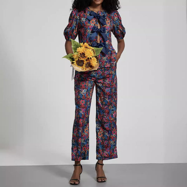 Women Clothing Pastoral Sets Bow Tie Shoulder Floral Puff Sleeve Top Trousers