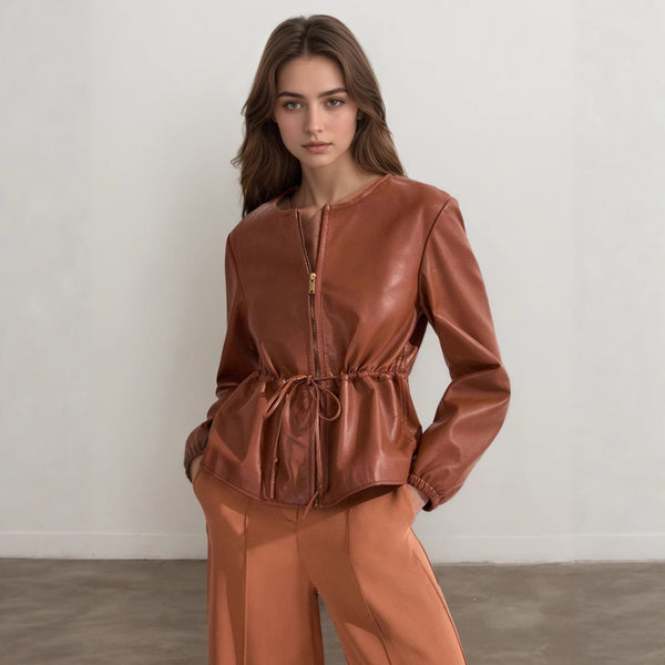 Round Neck Brown Tone Drawstring Ruffle Waist Slimming Design Short Long Sleeve Leather Coat