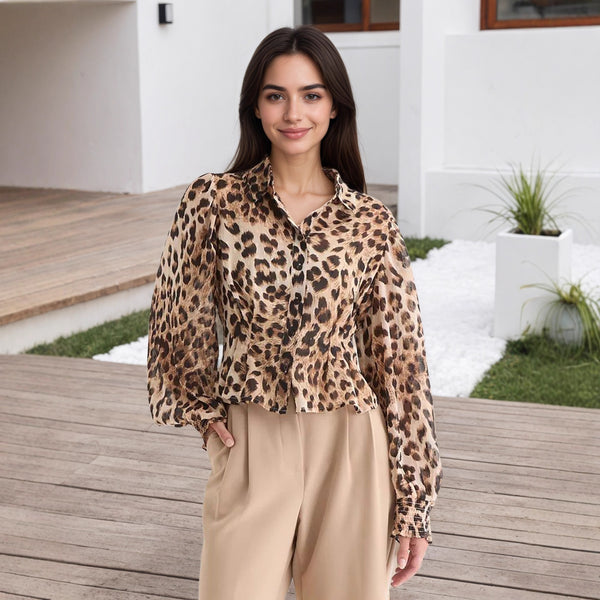 Women Top Leopard Print Collared Pleated Waist Tight Bubble Long Sleeve Shirt